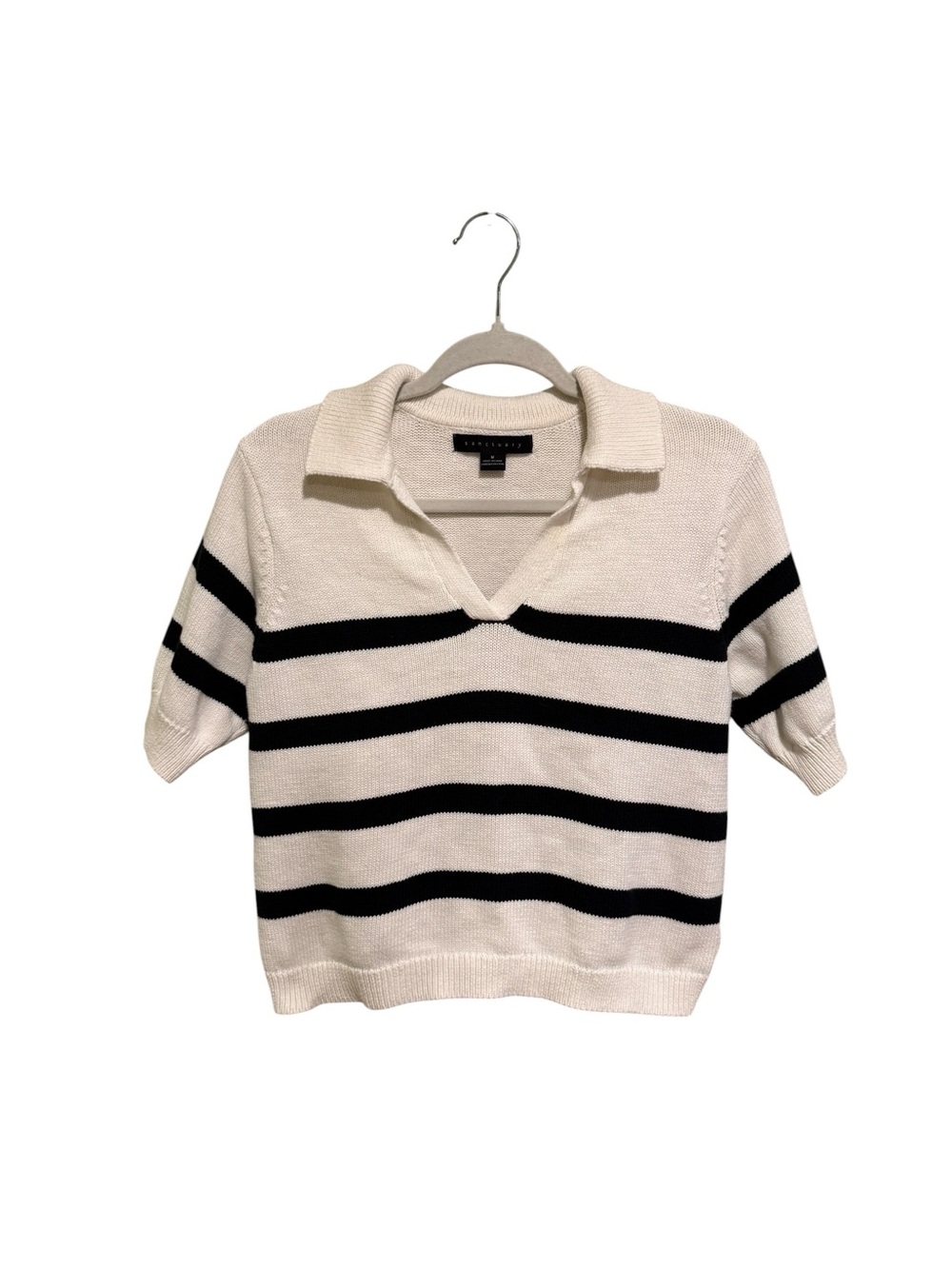 Sanctuary 100% Cotton Nautical Ivory Ribbed Knit Top with Navy Stripes